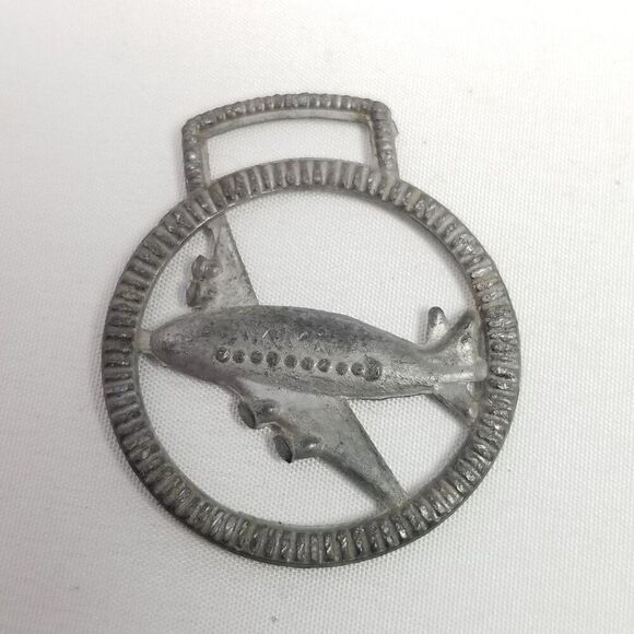 Vintage Airplane Watch Fob, Silver Tone Metal, Antique Retro Design, Estate - Picture 3 of 7